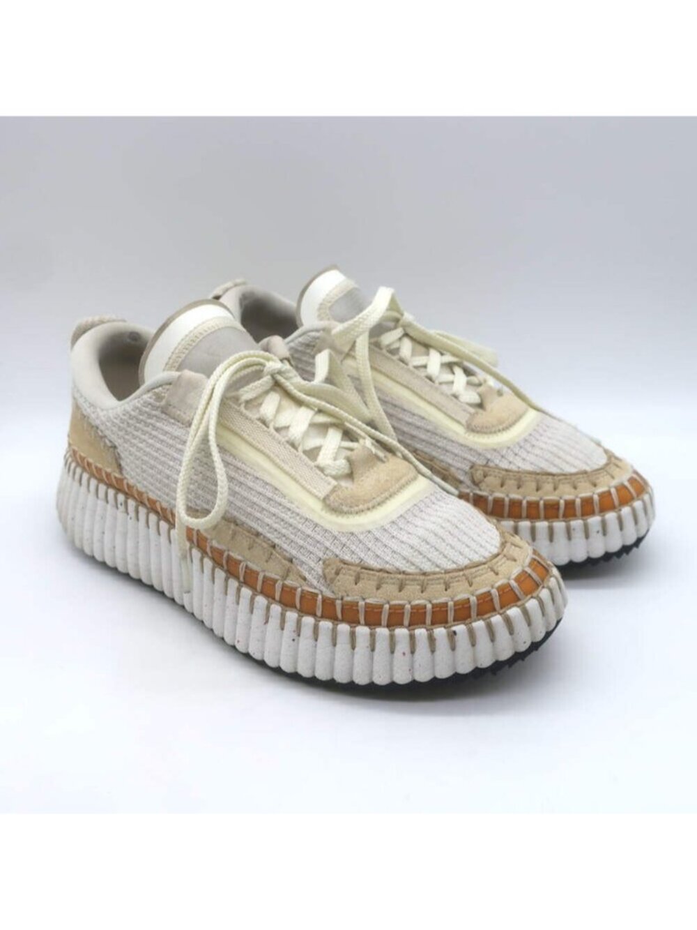 Chloe Nama Mesh Speckled-Platform Sneakers Cream Size 39